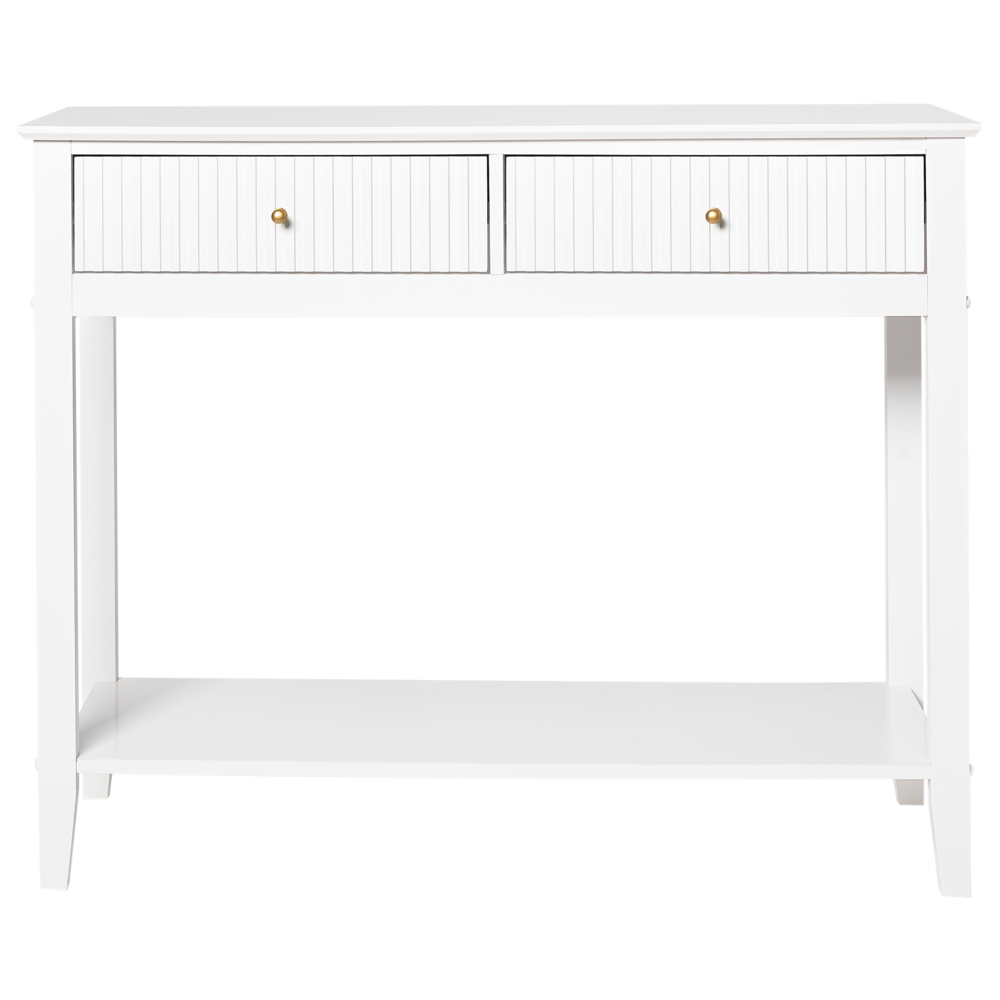 Consolle a 2 cassetti con 1 ripiano in MDF bianco Maniglie dorate Soggiorno elegante