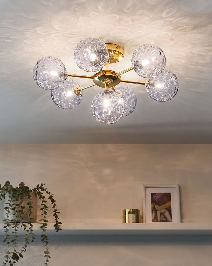 Lampadario in vetro 7 luci rotonde blu metallizzato e oro stile moderno