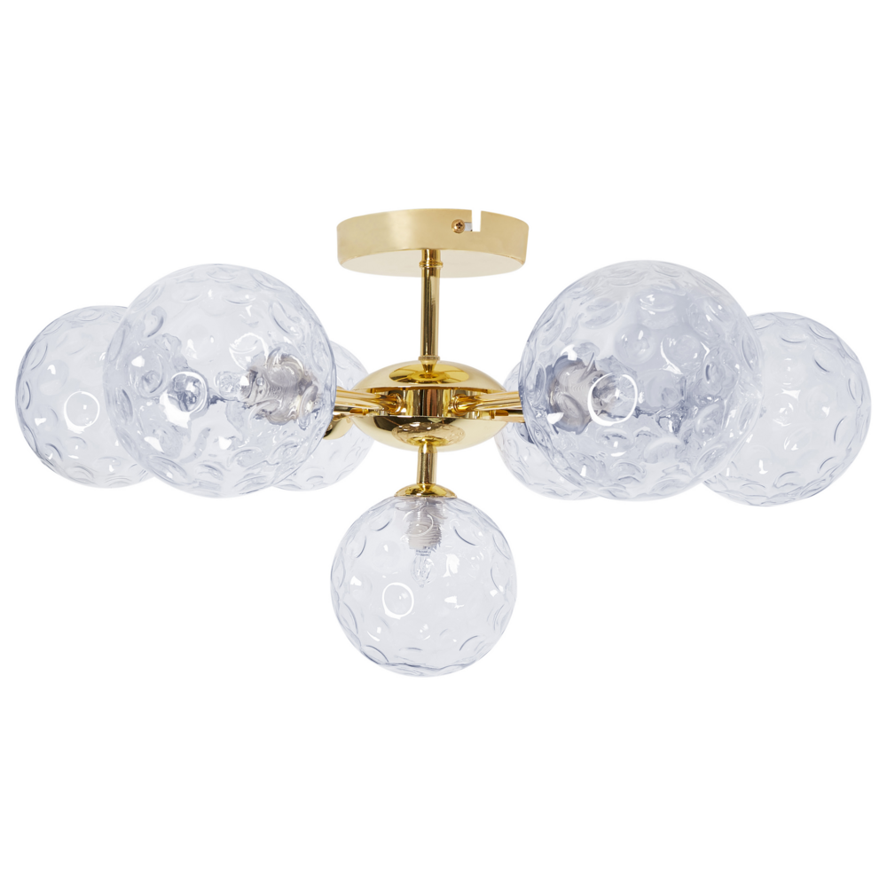 Lampadario in vetro 7 luci rotonde blu metallizzato e oro stile moderno