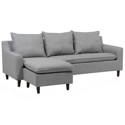 Divano ad angolo Rivestimento in tessuto grigio chiaro Gambe in legno scuro Chaise longue a 3 posti a versione sinistra Cuscino schienale
