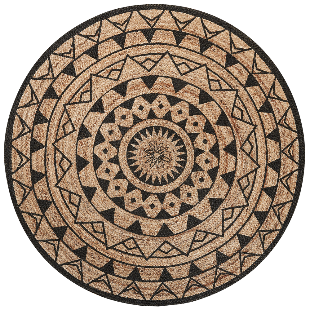 Tappeto tappetino Beige Nero Rotondo 140 cm Boho Rustico Spirale Intrecciata Juta