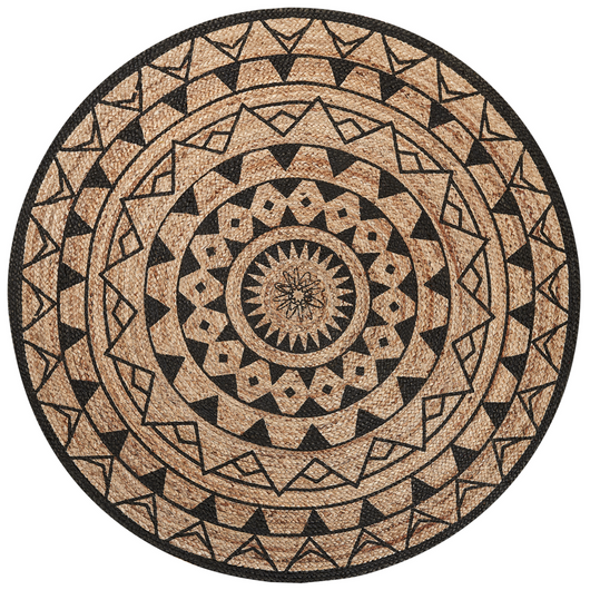Tappeto tappetino Beige Nero Rotondo 140 cm Boho Rustico Spirale Intrecciata Juta