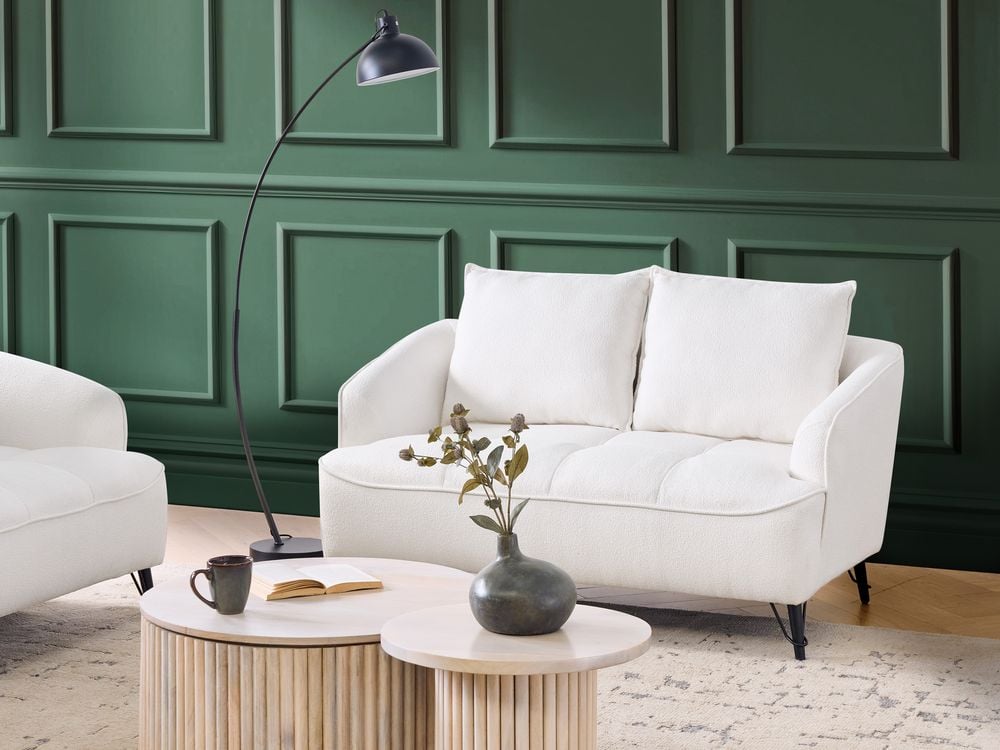 Divano Bianco Boucle Rivestimento in legno Soggiorno 2 posti