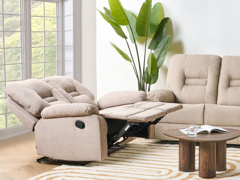 Divano 2 posti reclinabile in poliestere beige con poggiapiedi e schienale stile moderno