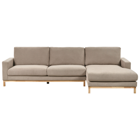 Divano angolare sinistro Tappezzeria in poliestere tortora Gambe in legno Elegante