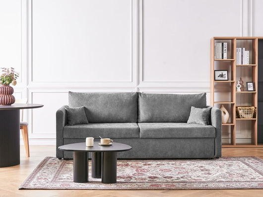 Divano letto convertibile in tessuto moderno con contenitore e cuscini sfoderabili grigio chiaro stile minimalista