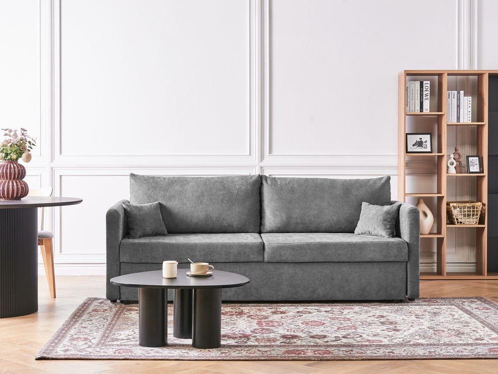 Divano letto convertibile in tessuto moderno con contenitore e cuscini sfoderabili grigio chiaro stile minimalista