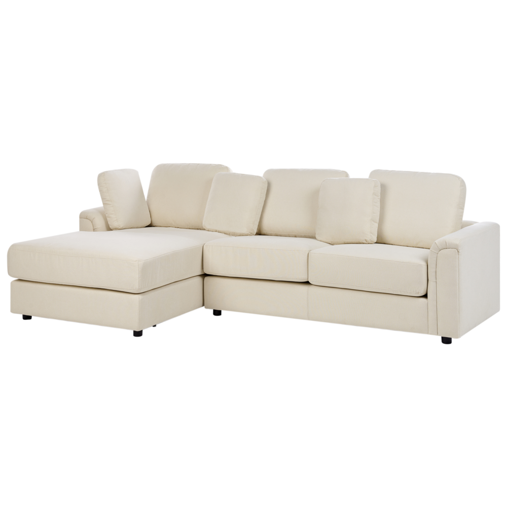 Divano moderno ad angolo con gambe in plastica in tessuto beige chiaro lato destro