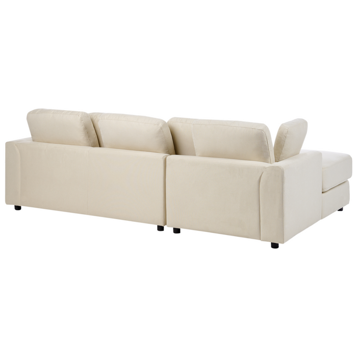 Divano moderno ad angolo con gambe in plastica in tessuto beige chiaro lato destro