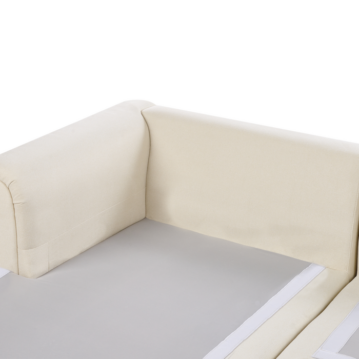 Divano moderno ad angolo con gambe in plastica in tessuto beige chiaro lato destro