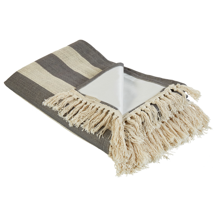Coperta da picnic in cotone beige e grigio 150 x 200 cm Tessuto a mano a righe con cinghia Coperta da picnic