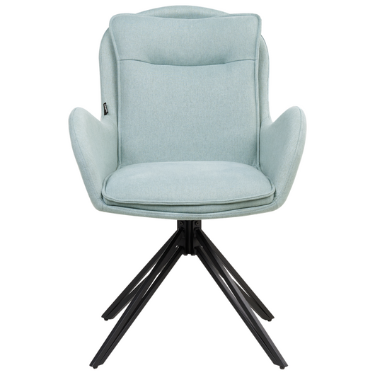 Set di 2 sedie girevoli da pranzo in tessuto color menta con braccioli, schienale trapuntato e gambe in metallo nero.