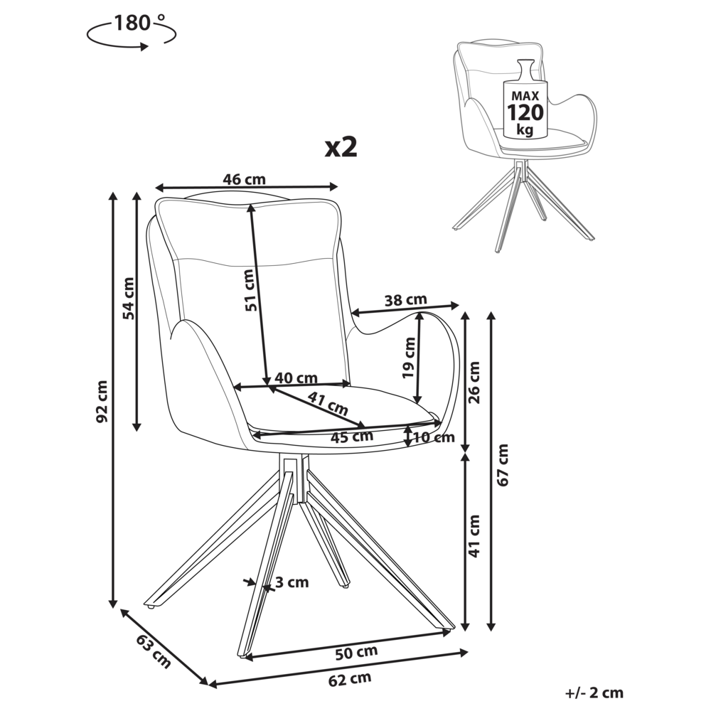 Set di 2 sedie girevoli da pranzo Tessuto beige chiaro con braccioli Schienale trapuntato Gambe in metallo nero Retro