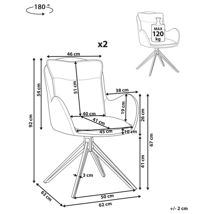 Set di 2 sedie girevoli da pranzo Tessuto beige chiaro con braccioli Schienale trapuntato Gambe in metallo nero Retro