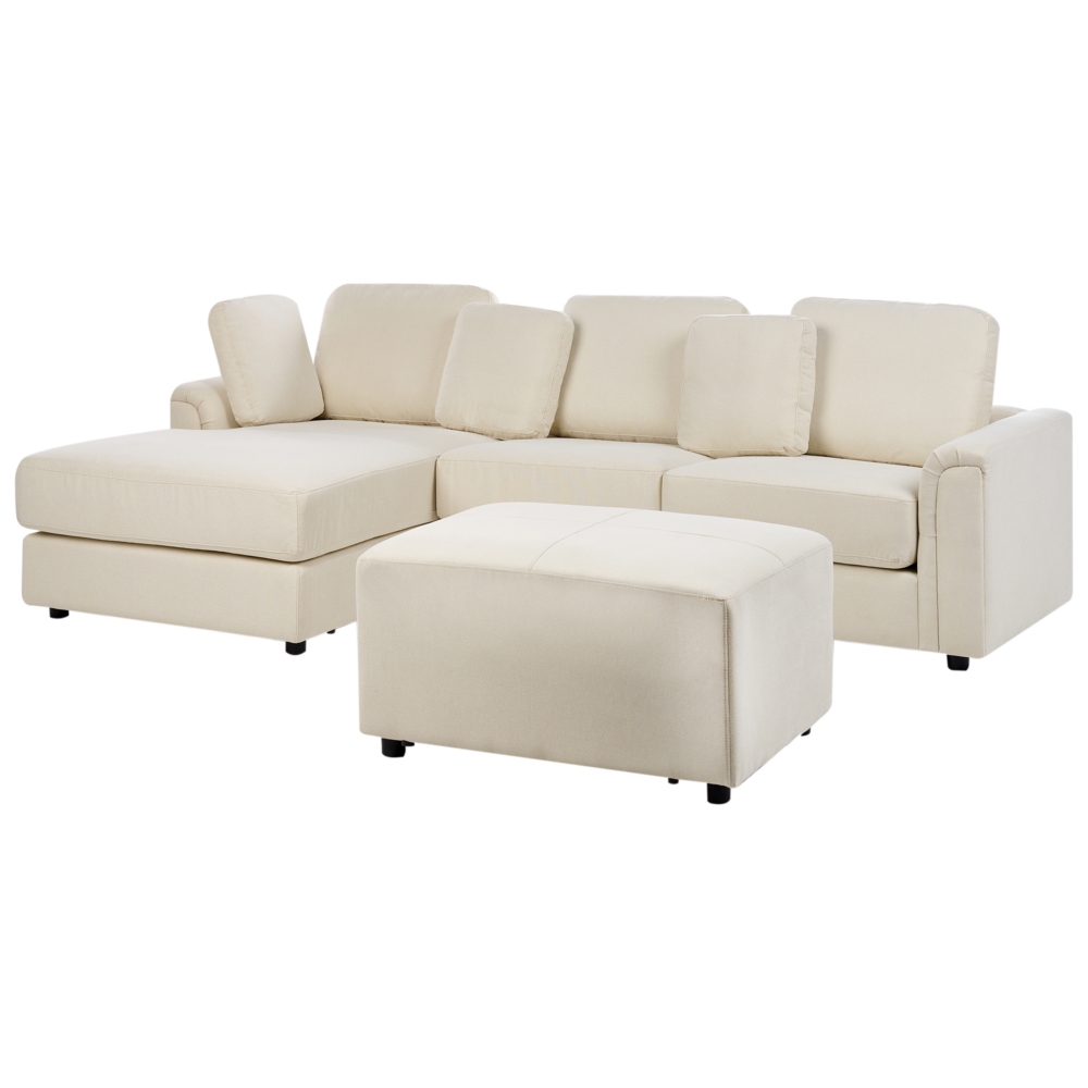 Divano stile moderno ad angolo con pouf in tessuto beige chiaro a destra