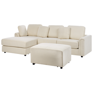 Divano stile moderno ad angolo con pouf in tessuto beige chiaro a destra