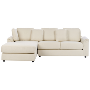 Divano stile moderno ad angolo con pouf in tessuto beige chiaro a destra