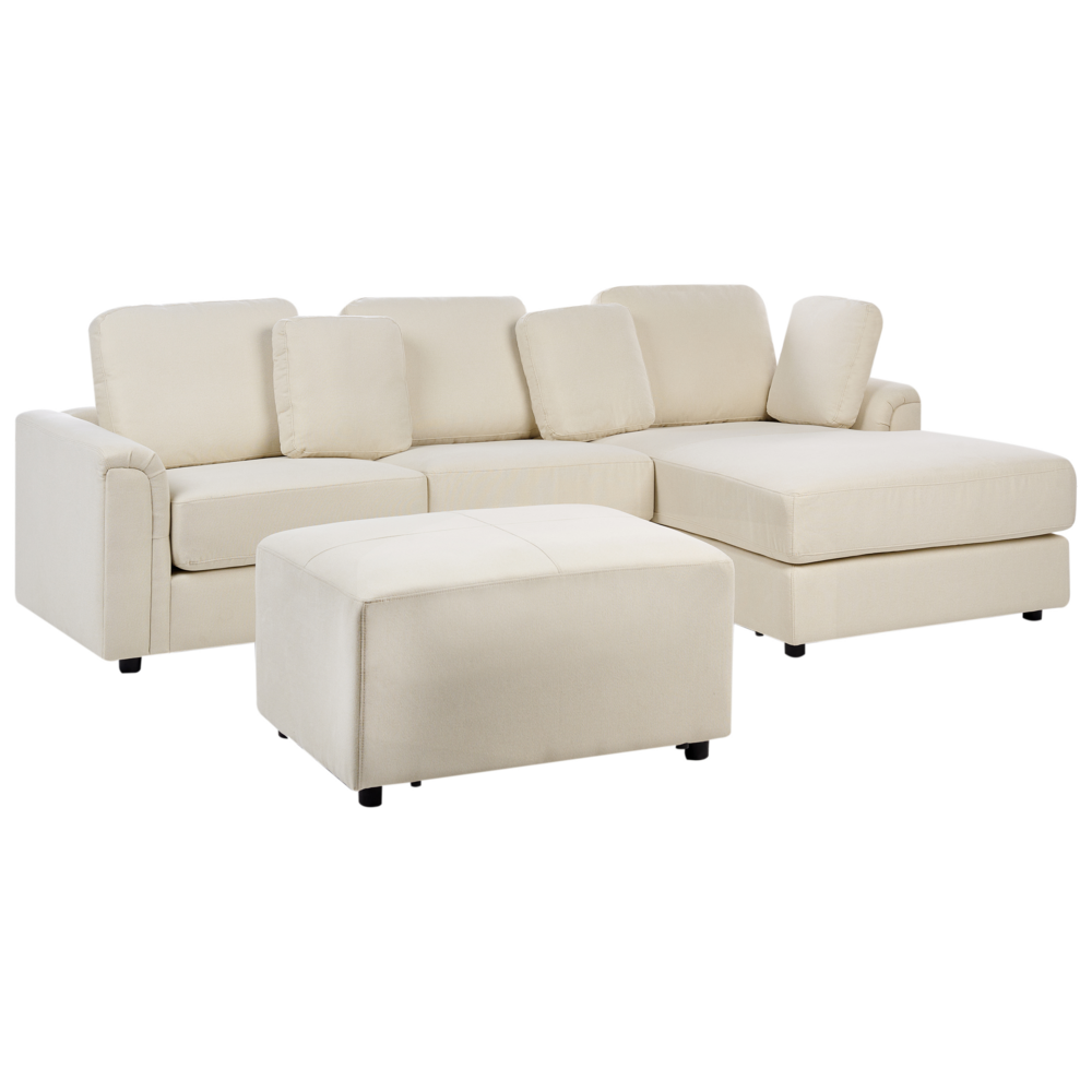 Divano stile moderno ad angolo con pouf in tessuto beige chiaro lato sinistro