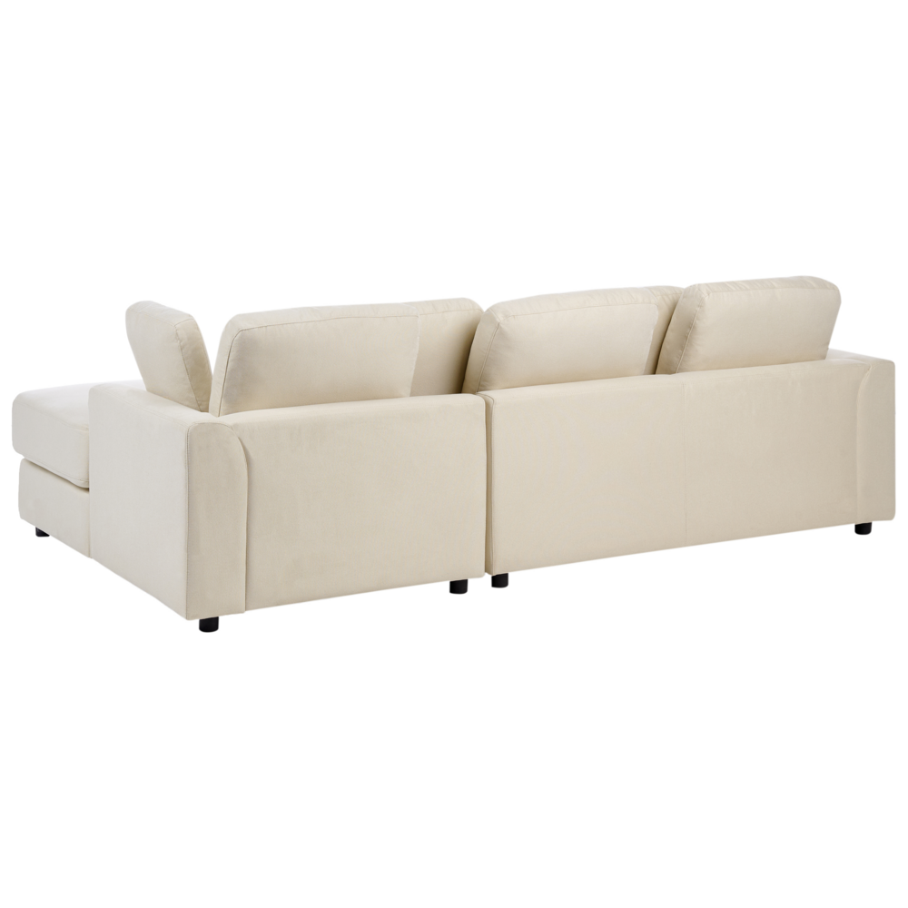 Divano stile moderno ad angolo con pouf in tessuto beige chiaro lato sinistro