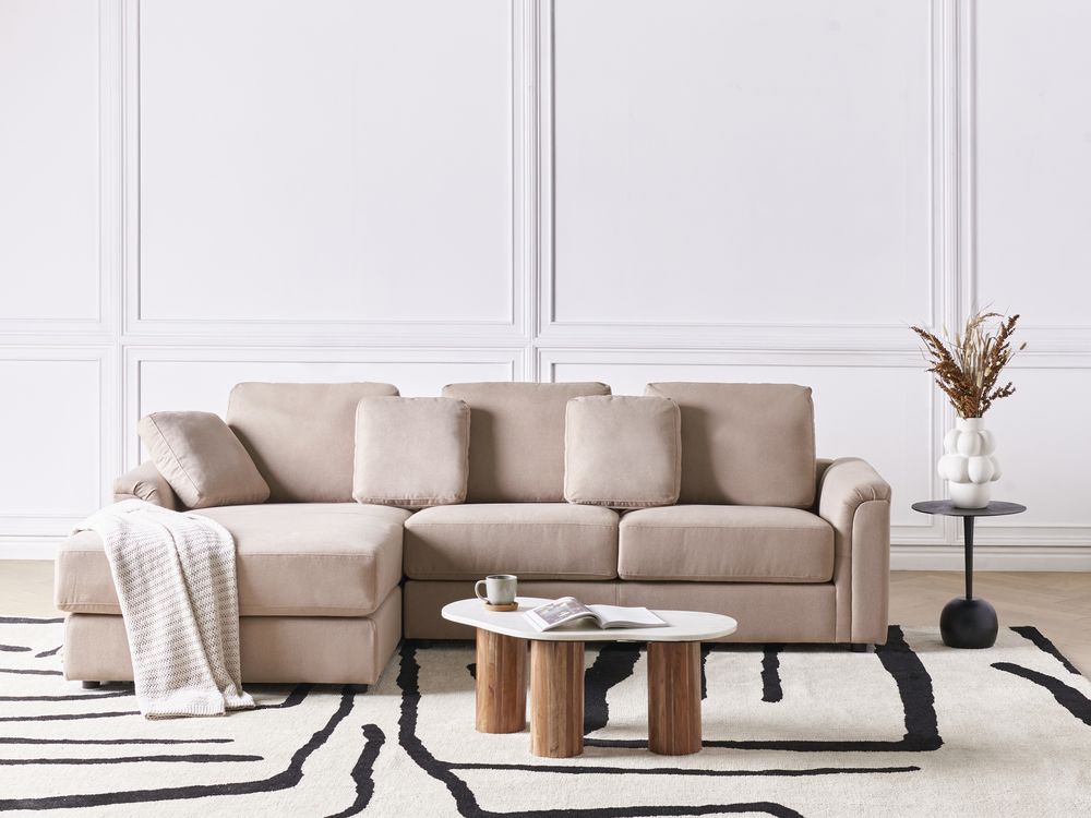 Divano angolare con gambe in plastica in tessuto tortora a destra stile moderno