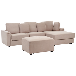 Divano stile moderno ad angolo con pouf in tessuto tortora lato sinistro