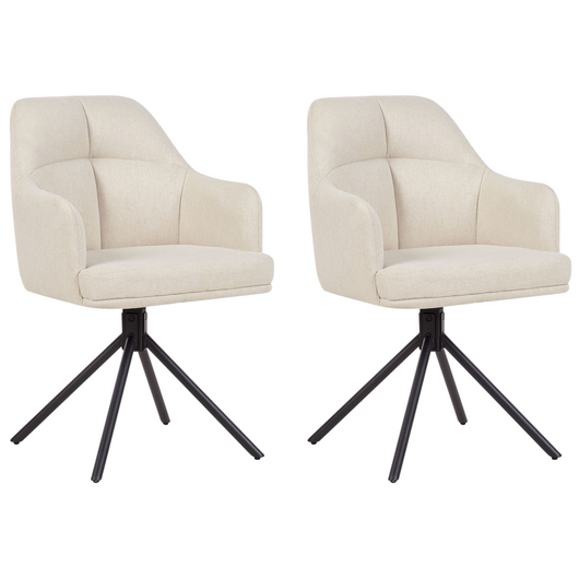 Set di 2 sedie da pranzo girevoli in tessuto beige con schienale a braccioli Gambe in metallo nero Retro