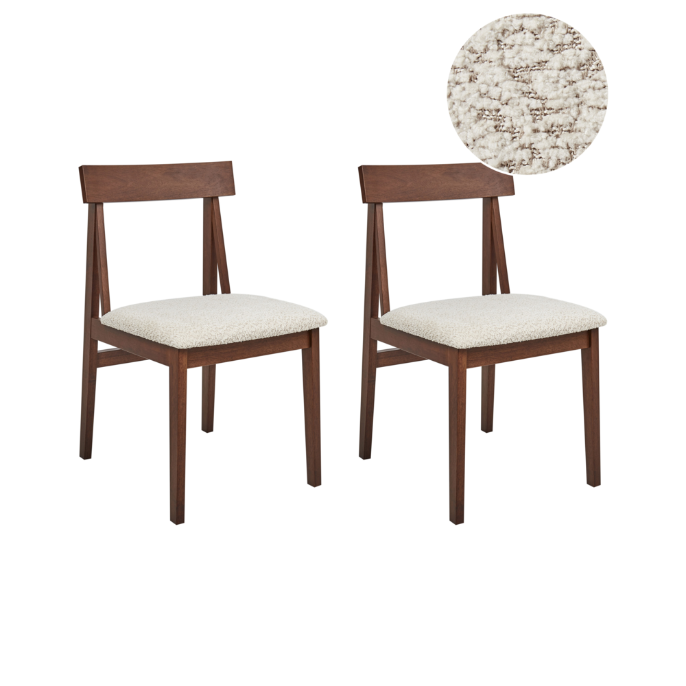 Set di 2 sedie da pranzo Struttura in legno di gomma scuro Seduta in bouclé beige Design retrò senza braccioli