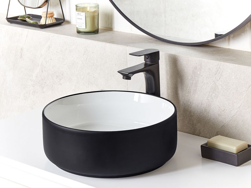 Lavabo da bagno rotondo in ceramica 36 cm nero e bianco stile moderno elegante
