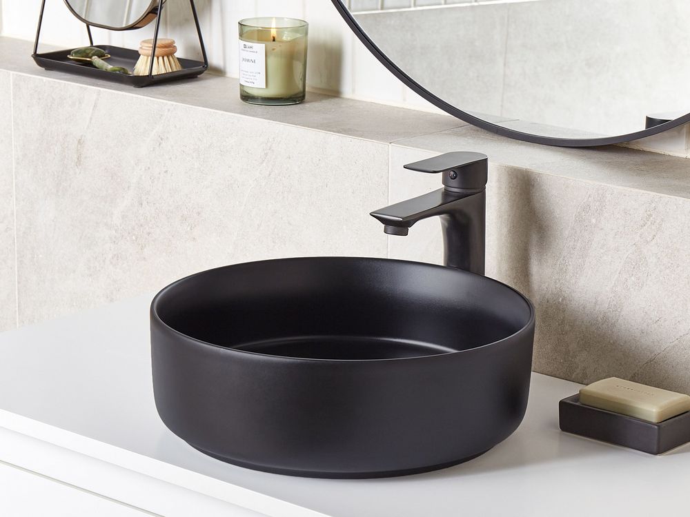 Lavabo da bagno rotondo in ceramica 36 cm nero stile moderno elegante
