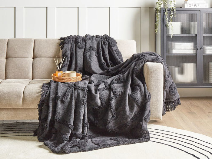 Coperta Grigio Cotone 220 x 240 cm Grande Coperta Letto Lancio Ciuffo Stile Boho