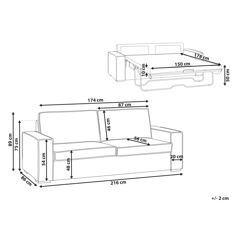 Divano letto in tessuto bianco sporco Divano letto trasformabile a 3 posti con struttura e materasso