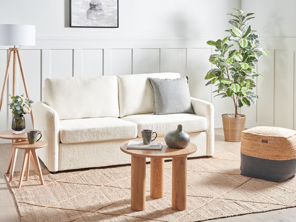 Divano letto 3 posti in tessuto bouclè beige con funzione Sleeper stile moderno