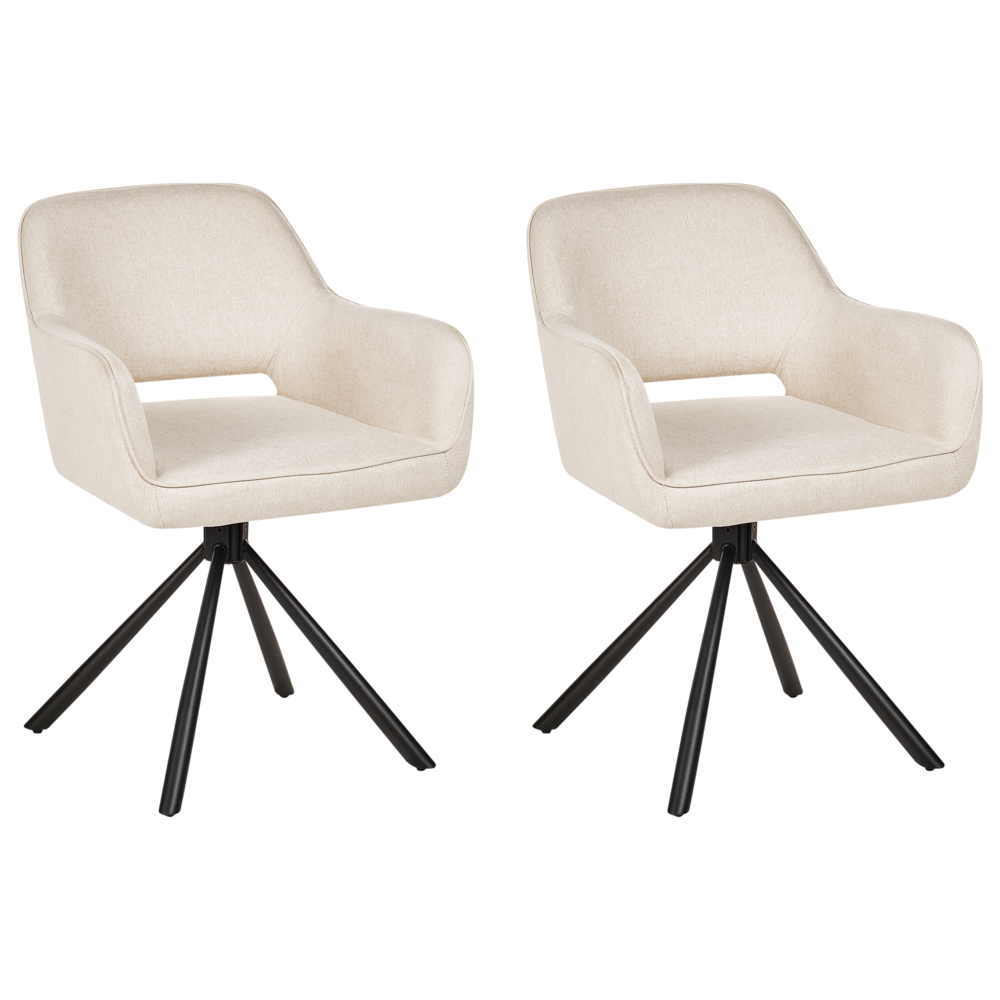 Set di 2 sedie da pranzo girevoli in tessuto beige chiaro con braccioli schienale gambe in metallo nero Retro Transitional