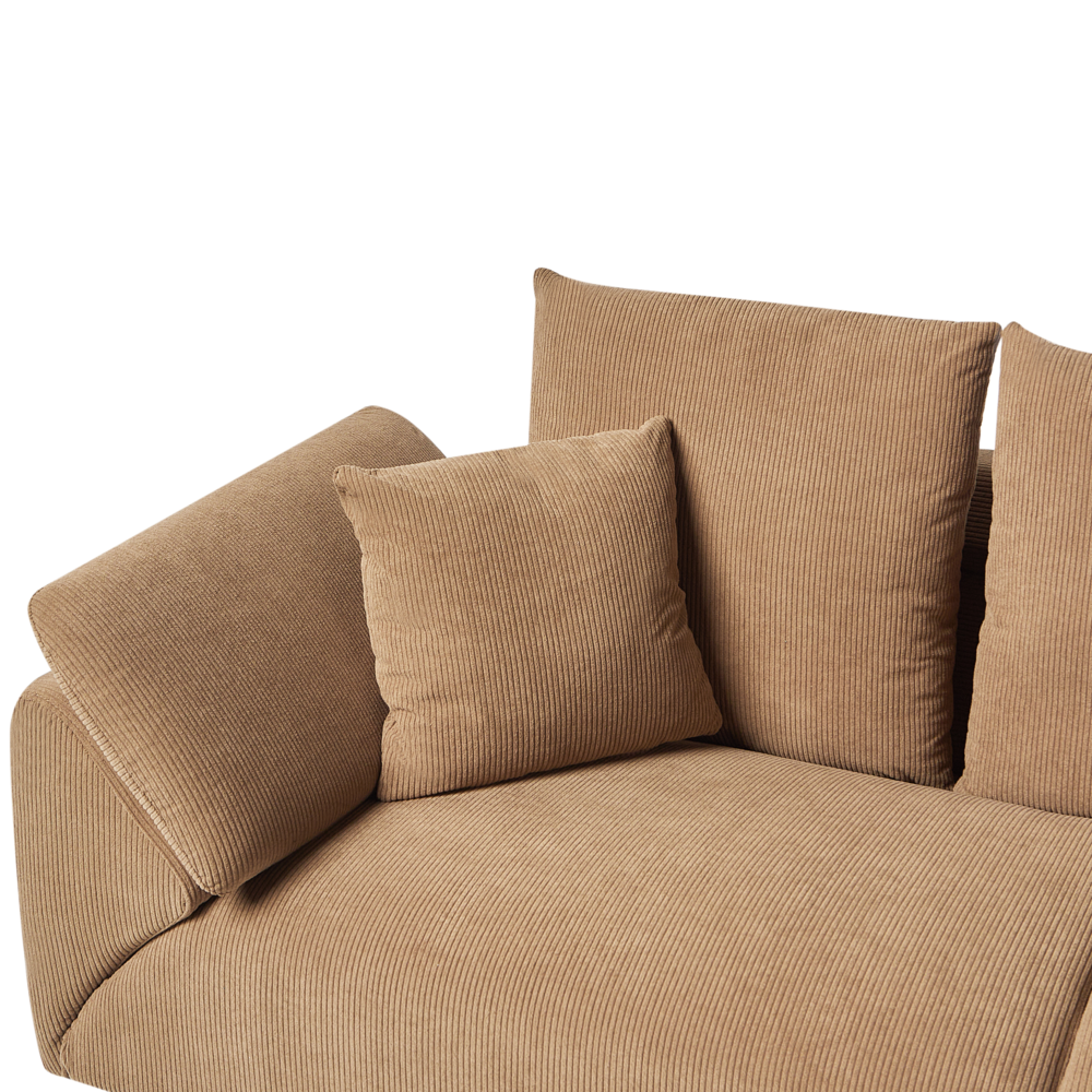 Divano ad angolo Cuscini in tessuto a coste marrone Gambe nere in metallo Design retrò Schienale con cuscini