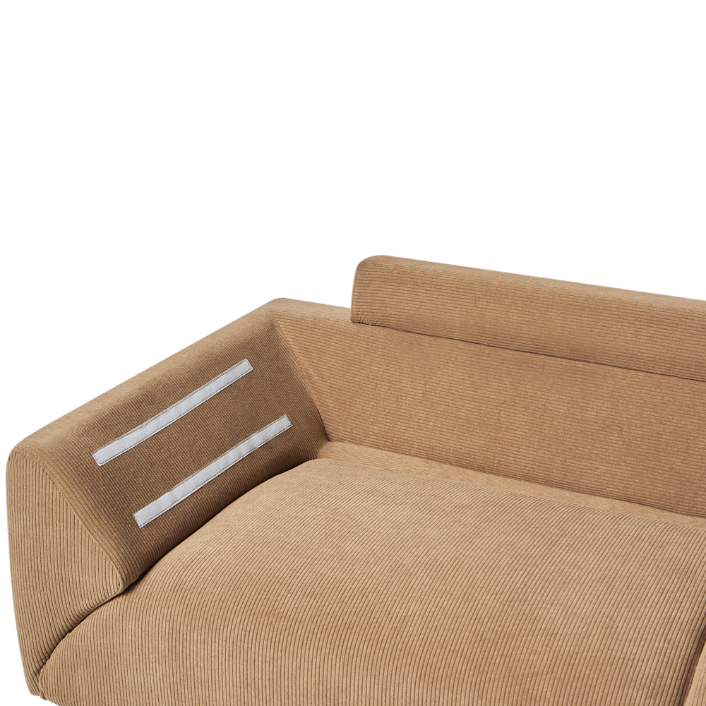 Divano ad angolo Cuscini in tessuto a coste marrone Gambe nere in metallo Design retrò Schienale con cuscini