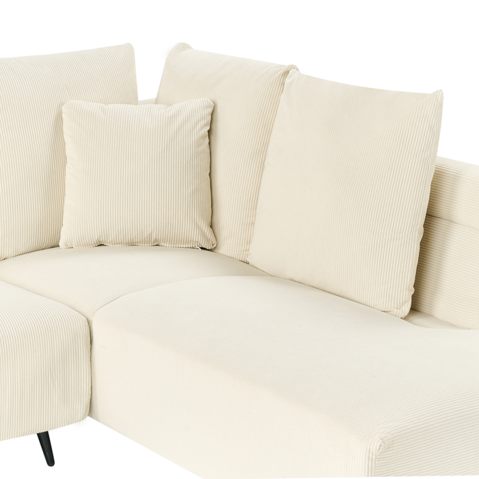 Divano ad angolo Cuscini in tessuto a coste beige chiaro Gambe nere in metallo Design retrò Schienale con cuscini