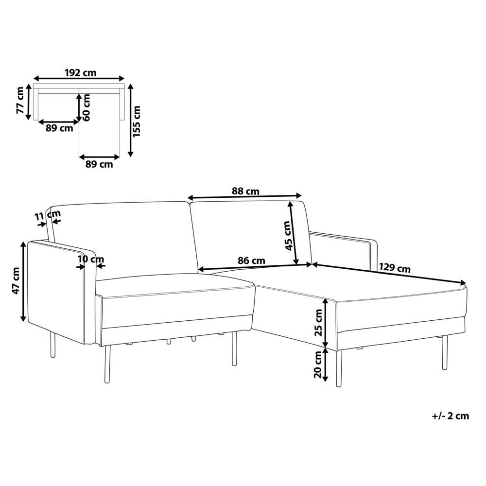 Divano a 2 posti con gambe in metallo Tessuto nero lato sinistro schienale imbottito moderno e minimalista