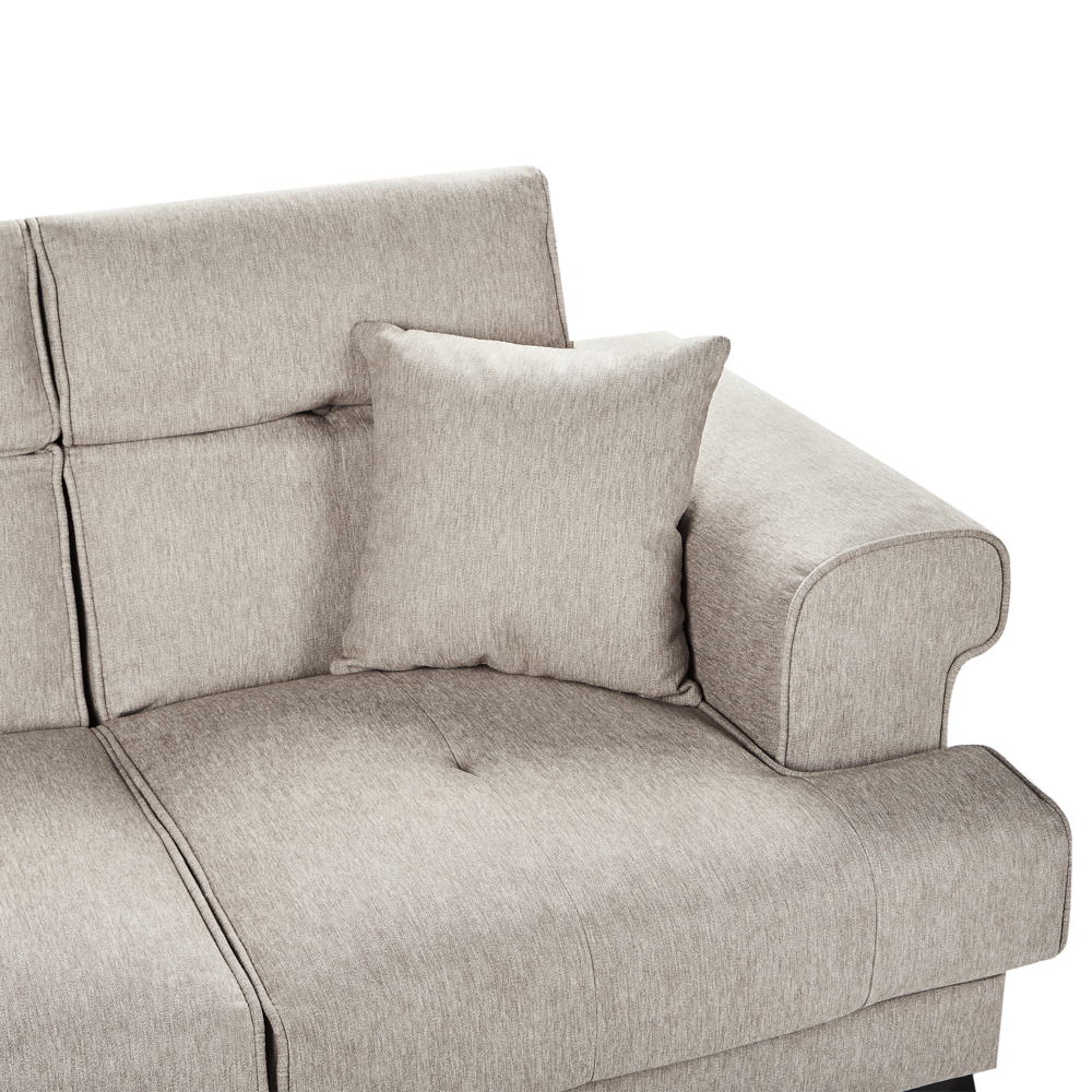 Divano moderno imbottito a 2 posti in tessuto tortora con poggiatesta regolabili stile moderno