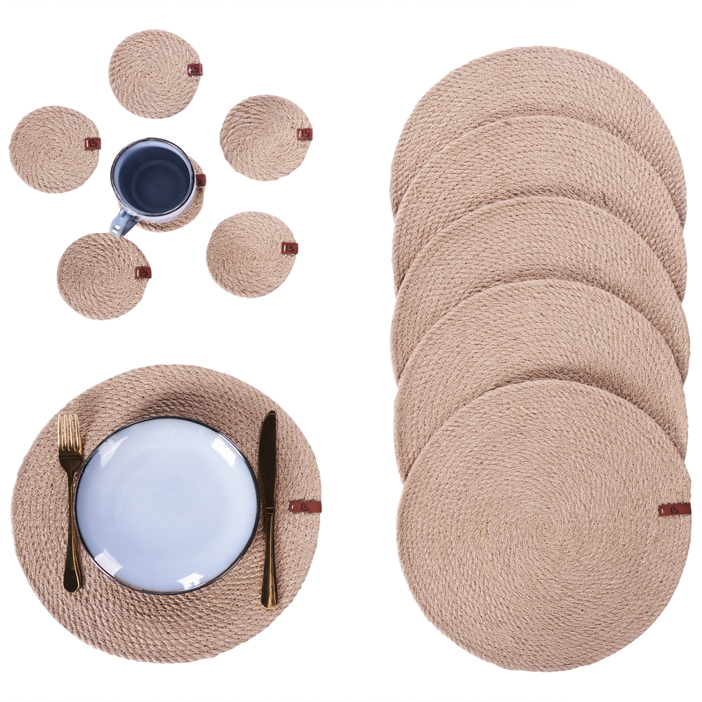 Set di 12 tovagliette e sottobicchieri 35/10 cm in iuta fatte a mano in stile boho naturale Muntries