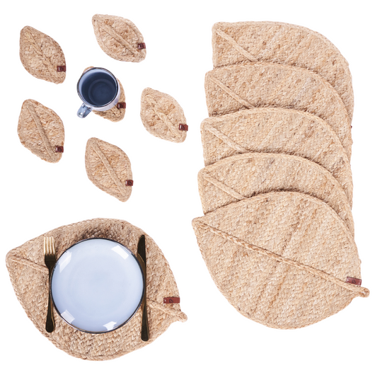Set di 12 tovagliette e sottobicchieri 30x40/10x15 cm a forma di foglia in iuta naturale fatta a mano stile boho
