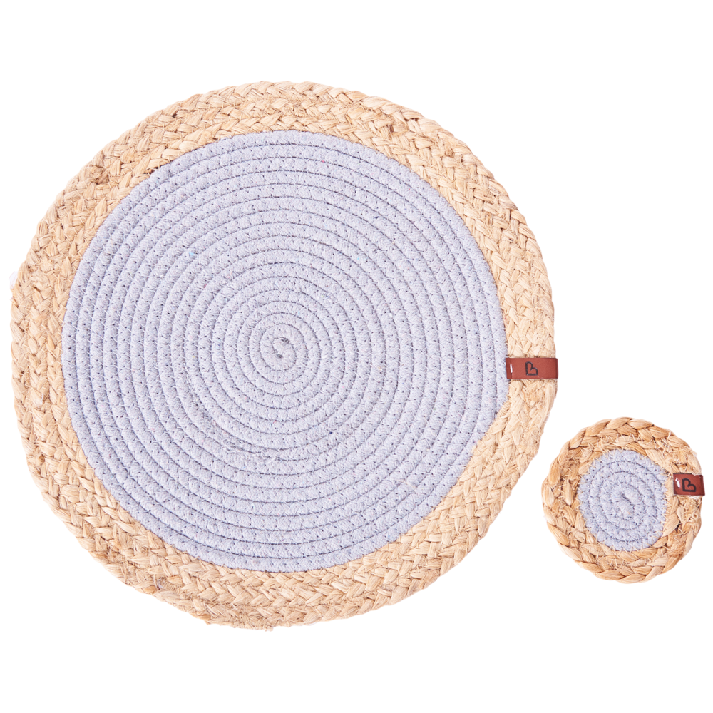 Set di 12 tovagliette e sottobicchieri rotondi in iuta di cotone naturale fatti a mano da 35/10 cm Grigio e naturale stile boho