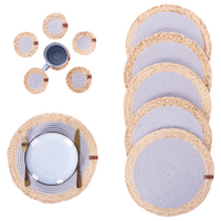 Set di 12 tovagliette e sottobicchieri rotondi in iuta di cotone naturale fatti a mano da 35/10 cm Grigio e naturale stile boho