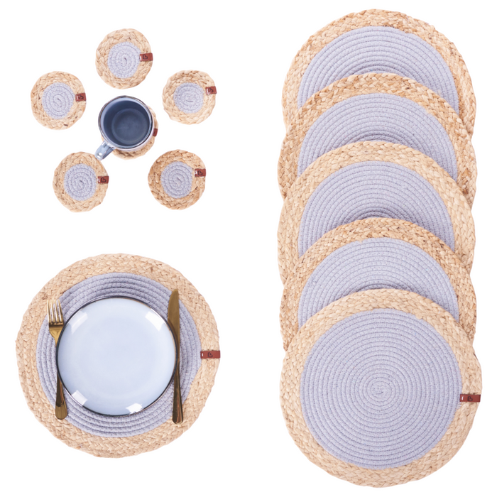 Set di 12 tovagliette e sottobicchieri rotondi in iuta di cotone naturale fatti a mano da 35/10 cm Grigio e naturale stile boho