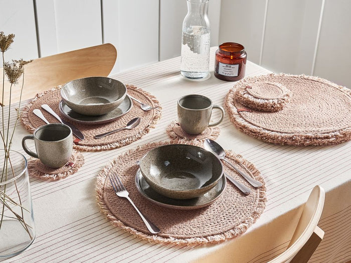 Set di 12 tovagliette e sottobicchieri rotondi in iuta naturale fatti a mano da 35/10 cm stile boho