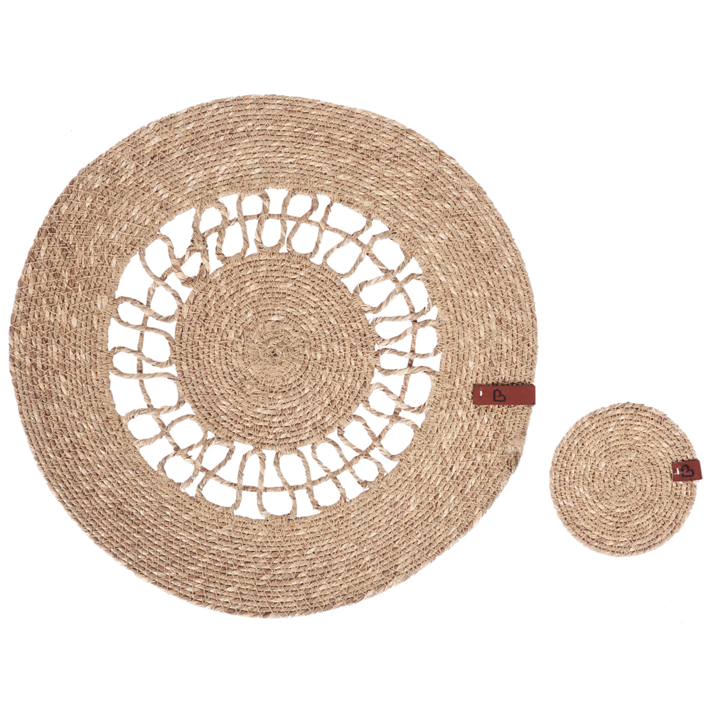 Set di 12 tovagliette e sottobicchieri in alghe naturali 35/10 cm rotonde fatte a mano in stile boho