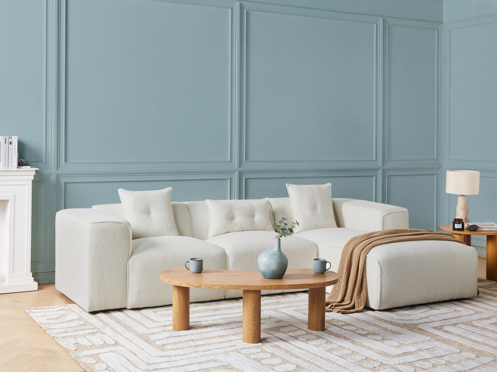 Divano Angolare Bianco Sporco Bouclé 3 Posti Cuscini Extra Dispersi versione sinistra stile Moderno