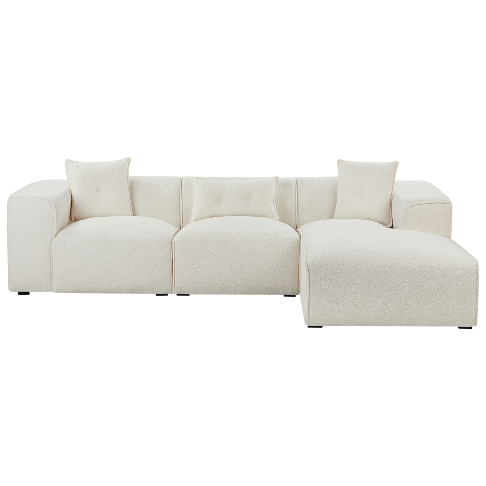 Divano Angolare Bianco Sporco Bouclé 3 Posti Cuscini Extra Dispersi versione sinistra stile Moderno