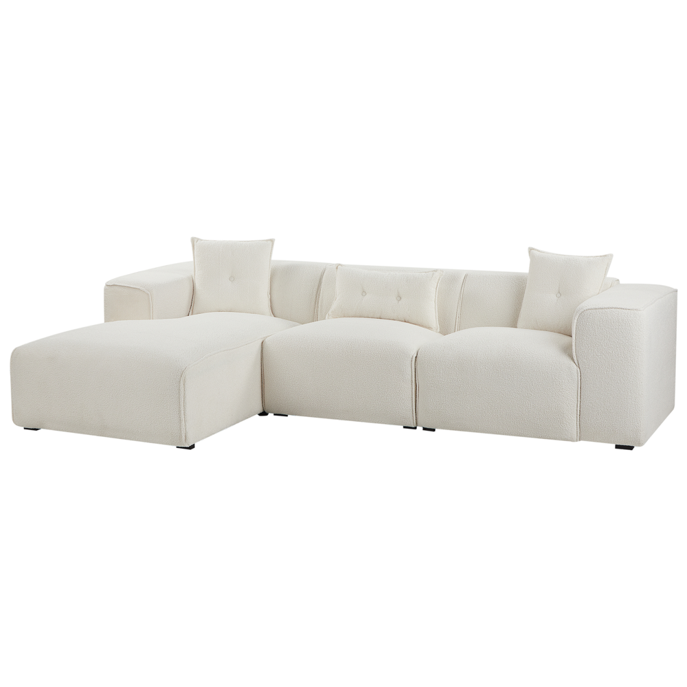 Divano Angolare Bianco Sporco Bouclé 3 Posti Cuscini Extra Dispersi versione sinistra stile Moderno