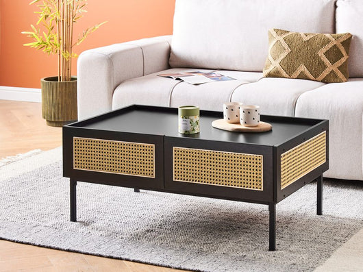 Tavolino da caffè nero con treccia viennese Struttura in ferro MDF Cassetti in rattan 97 x 57 x 42 cm Boho