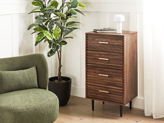 Cassettiera in MDF Legno scuro 4 cassetti Gambe in ferro Moderno